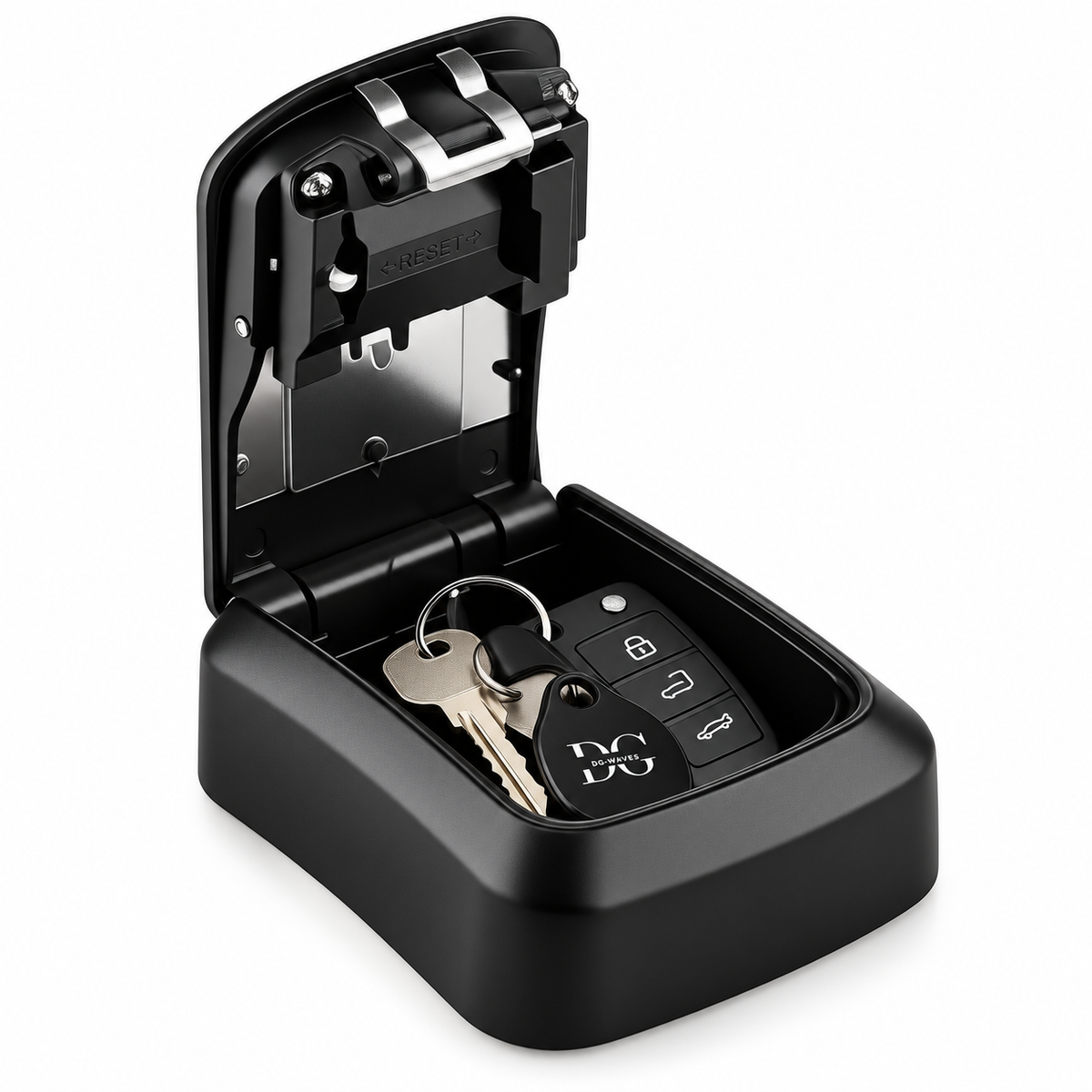 Outdoor key lock box with hinged lid, key tray, and 4-digit combination keypad