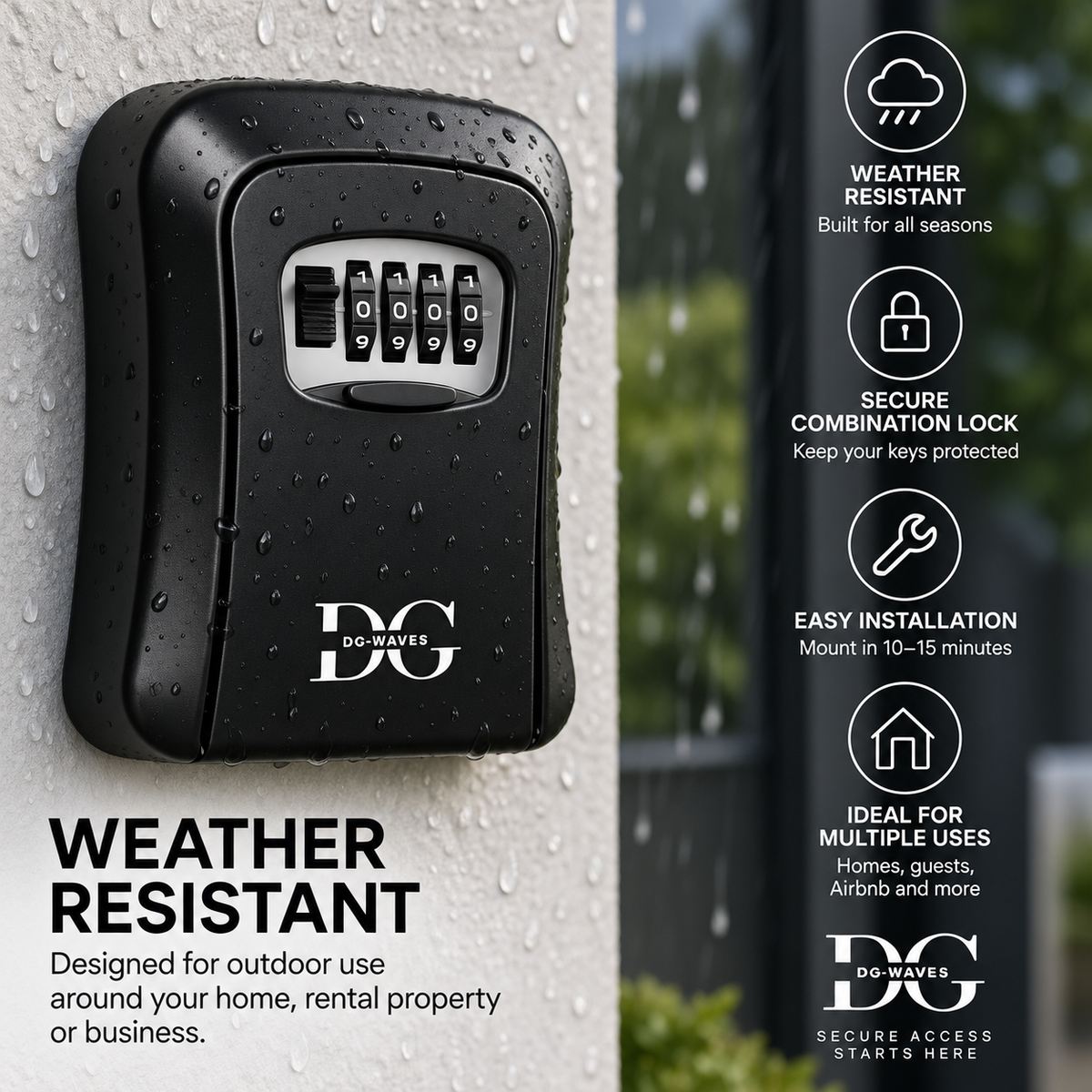 Weather-resistant black key safe lock box with 4-digit keypad under raindrops