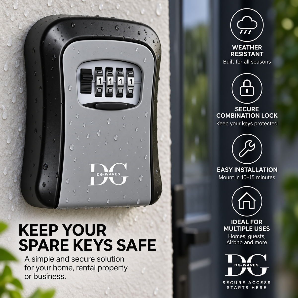 Weatherproof wall key safe with 4-digit combination lock and rainproof cover