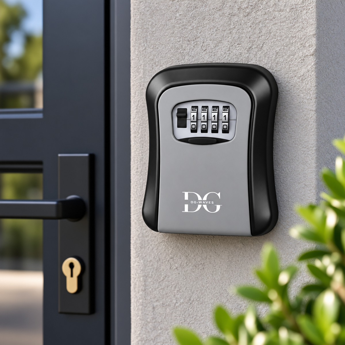 Weatherproof spare key safe with 4-digit combination lock on wall